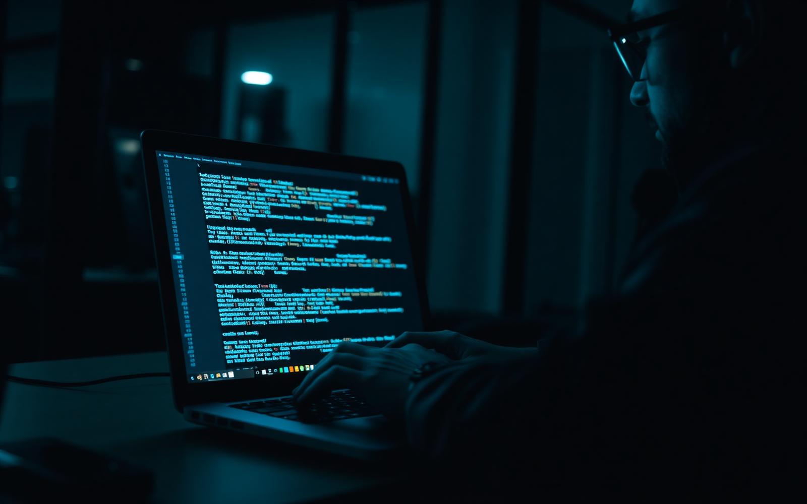 ASI TECH INC engineer writing production code on a laptop at night